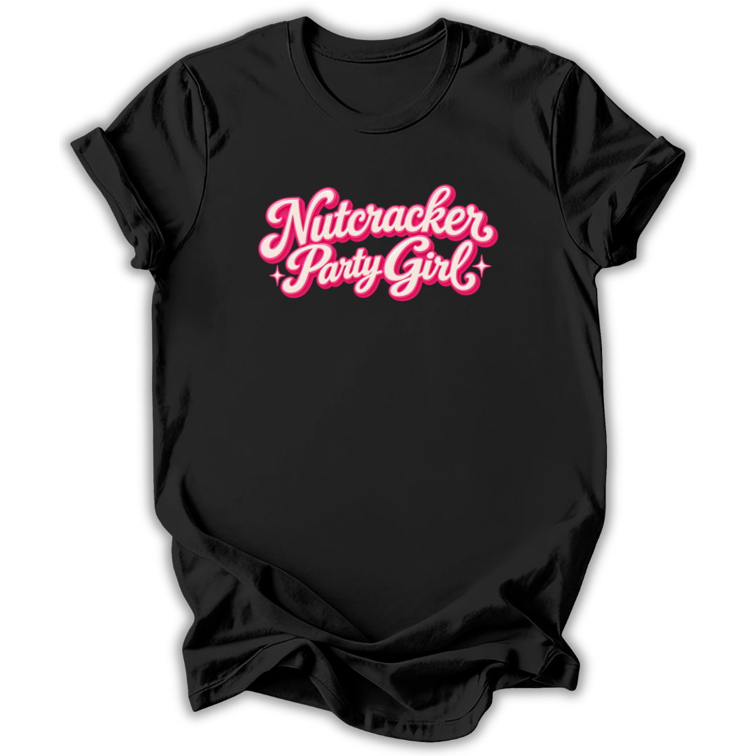 A black short-sleeve t-shirt with 'Nutcracker Party Girl' printed in a pink cursive font with white highlights and small star accents, displayed on a clean white background.