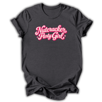 A dark charcoal gray t-shirt with 'Nutcracker Party Girl' printed in a pink cursive font with a white outline across the chest, displayed on a clean white background.