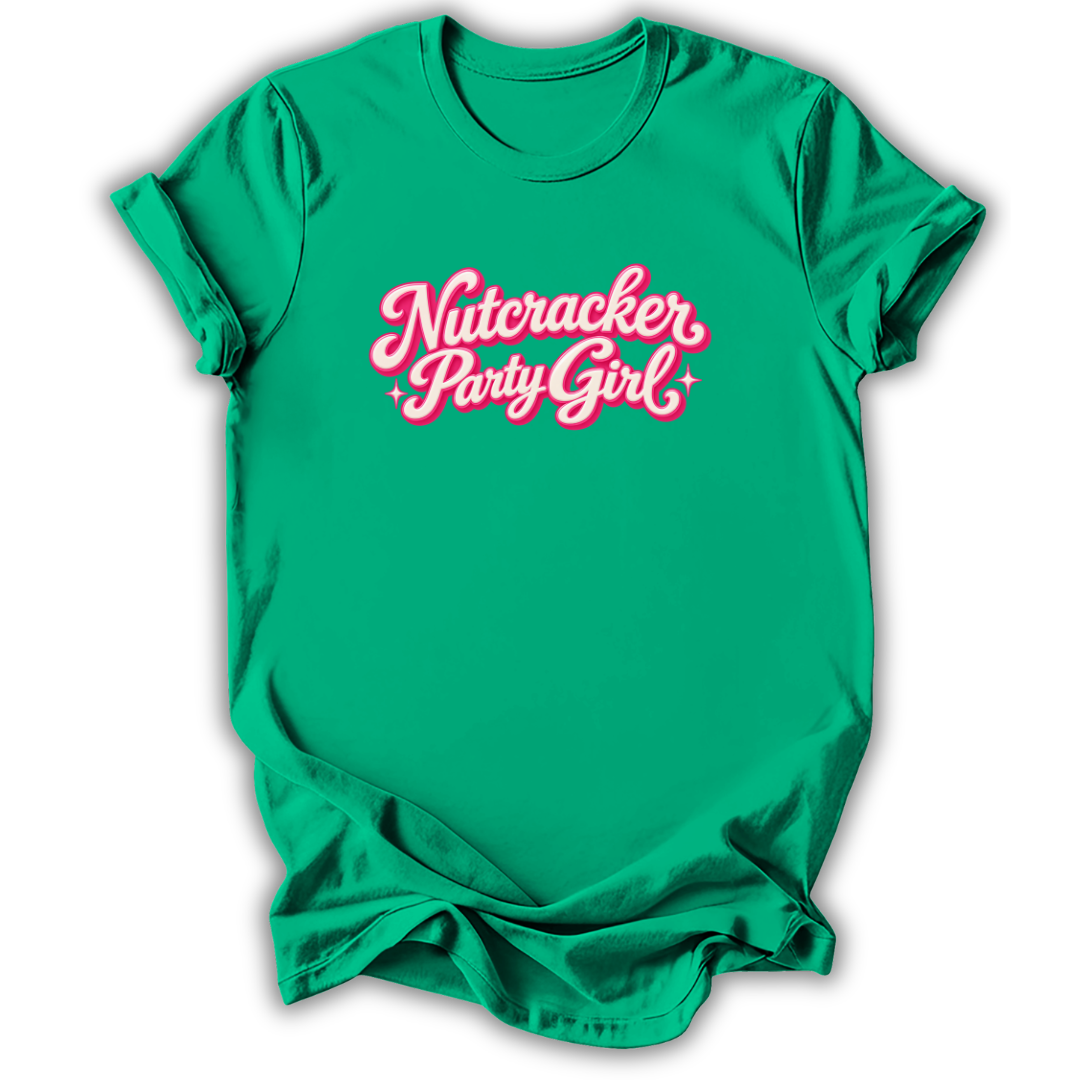 A bright green short-sleeve t-shirt with 'Nutcracker Party Girl' printed in pink cursive text across the chest, shown on a plain white background.