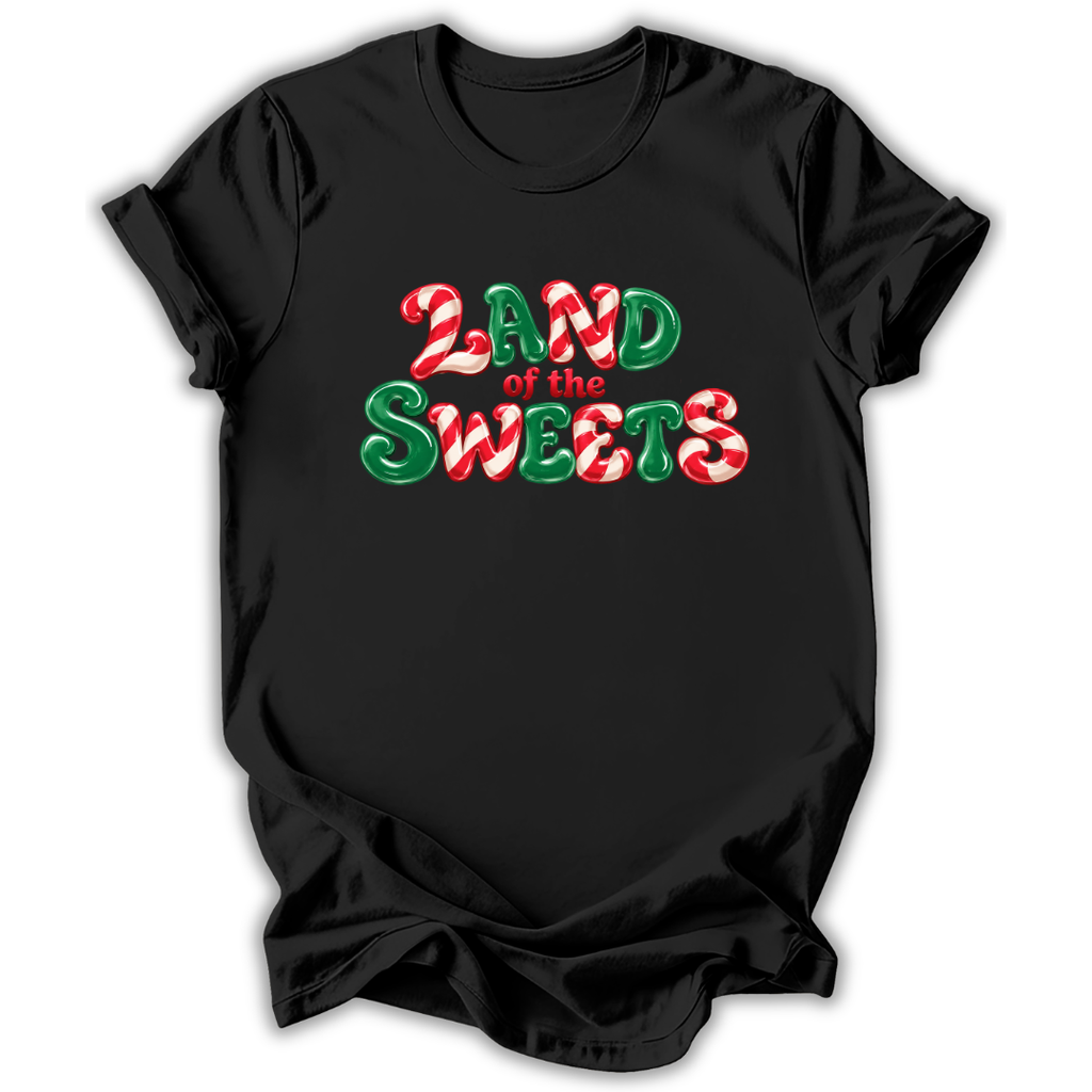A black short-sleeve crewneck t-shirt with a festive graphic reading 'LAND of the SWEETS' in red and green candy cane patterns, displayed on a clean white background.