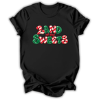 A black short-sleeve crewneck t-shirt with a festive graphic reading 'LAND of the SWEETS' in red and green candy cane patterns, displayed on a clean white background.