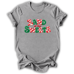 Gray short-sleeve crewneck t-shirt with a festive graphic reading 'LAND of the SWEETS' in red and green candy cane patterns, displayed on a clean white background.