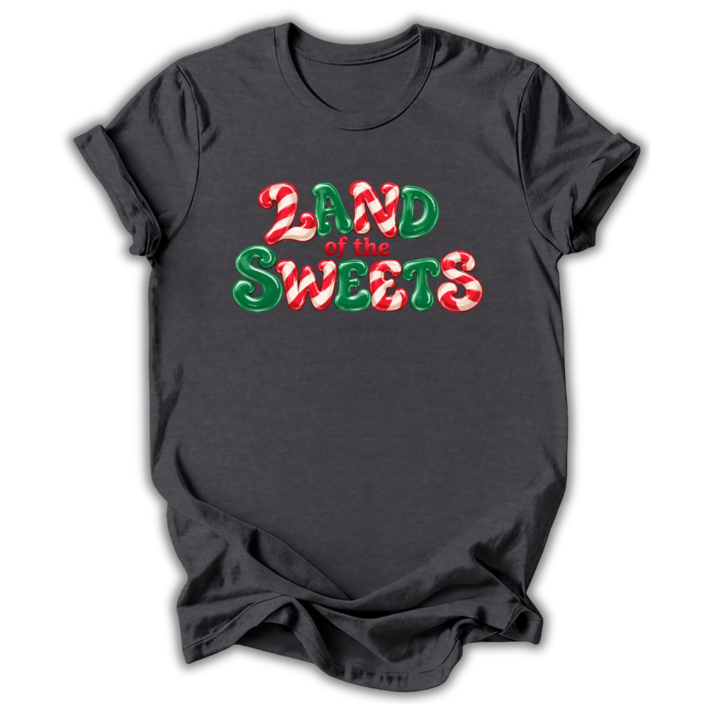 Charcoal short-sleeve crewneck t-shirt with a festive graphic reading 'LAND of the SWEETS' in red and green candy cane patterns, displayed on a clean white background.