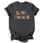 Charcoal short-sleeve crewneck t-shirt with a festive graphic reading 'LAND of the SWEETS' in red and green candy cane patterns, displayed on a clean white background.