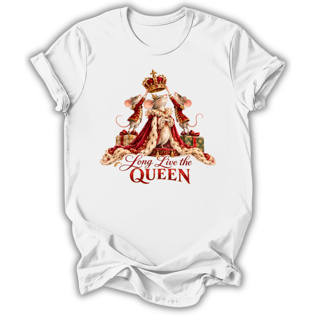 A white short-sleeve t-shirt with a graphic of a mouse dressed as a queen in a red gown and crown, with the text 'Hong Live the QUEEN' printed below, shown on a plain white background.