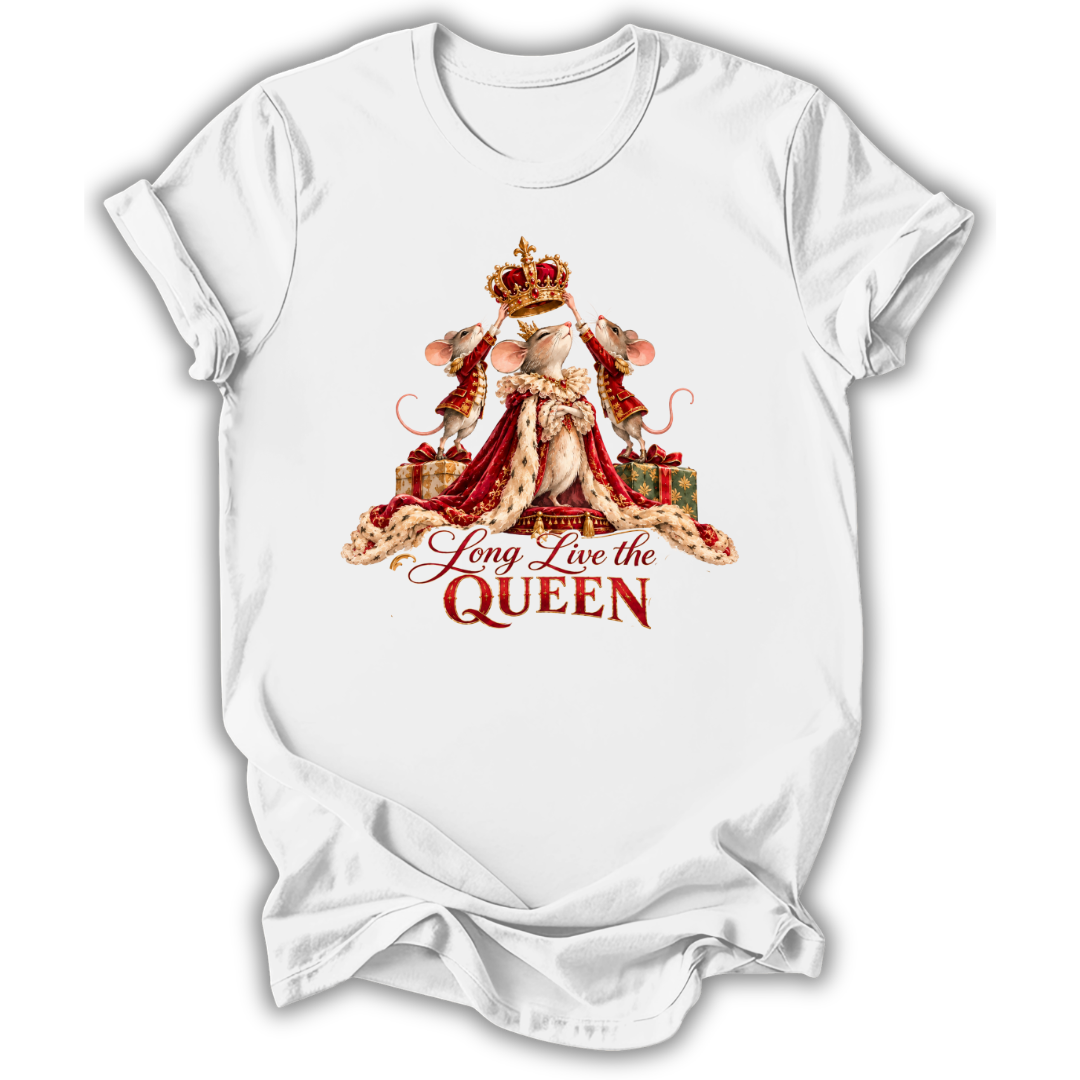 A white short-sleeve t-shirt with a graphic of a mouse dressed as a queen in a red gown and crown, with the text 'Hong Live the QUEEN' printed below, shown on a plain white background.