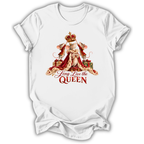 A white short-sleeve t-shirt with a graphic of a mouse dressed as a queen in a red gown and crown, with the text 'Hong Live the QUEEN' printed below, shown on a plain white background.