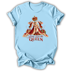 A light blue short-sleeve t-shirt with a graphic of a crowned mouse in royal attire and the text 'Long Live the QUEEN' printed on the front, shown against a plain white background.