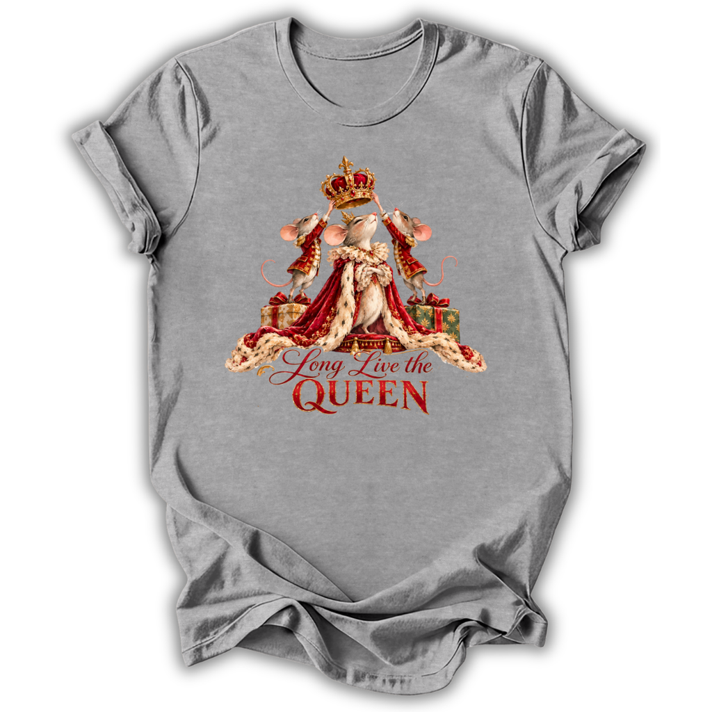 A heather gray short-sleeve t-shirt with a graphic of a crowned queen in a red gown sitting on a throne, with the text 'Long Live the QUEEN' printed below.