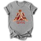 A heather gray short-sleeve t-shirt with a graphic of a crowned queen in a red gown sitting on a throne, with the text 'Long Live the QUEEN' printed below.