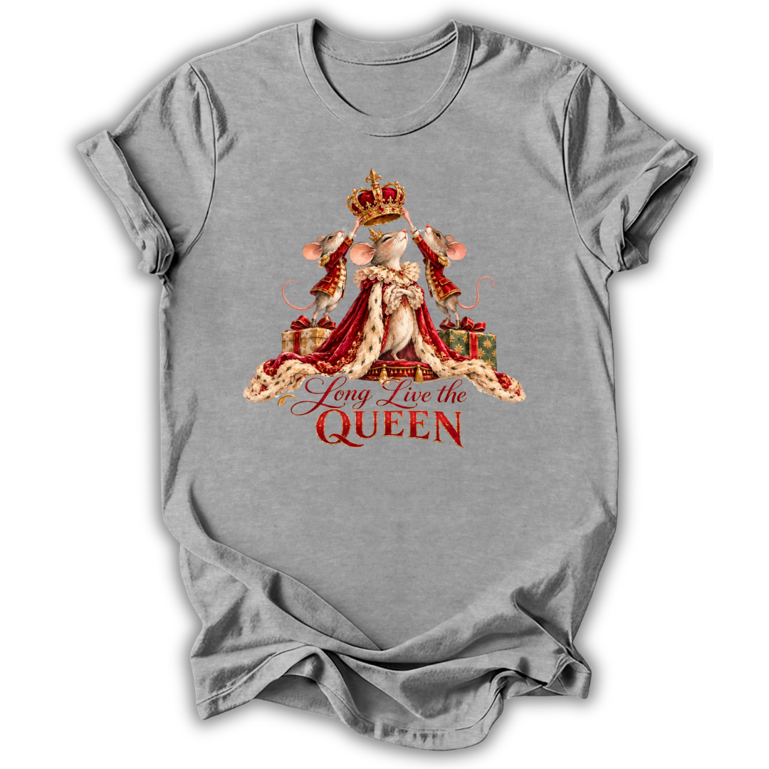 A heather gray short-sleeve t-shirt with a graphic of a crowned queen in a red gown sitting on a throne, with the text 'Long Live the QUEEN' printed below.