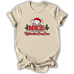 A beige short-sleeve t-shirt with a graphic print of a cartoon mouse wearing a Santa hat, surrounded by red text reading 'MICE THE ORIGINAL Nutcracker Chag Crow' and green holly leaves, shown on a white background.