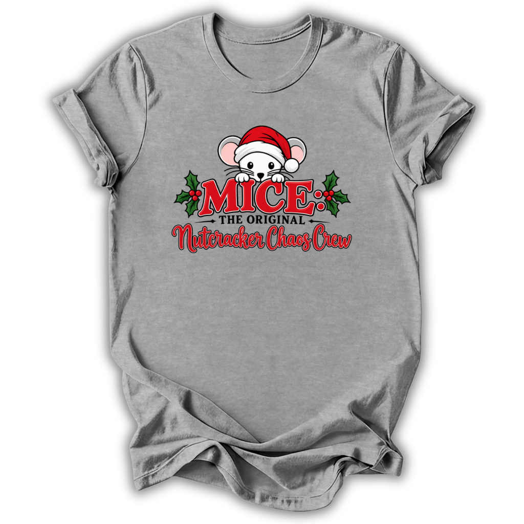 A heather gray short-sleeve t-shirt with a graphic of a cartoon mouse wearing a Santa hat, surrounded by red text reading 'MICE THE ORIGINAL Nutcracker Crazy Craw' and green holly leaves, shown on a white background.