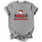 A heather gray short-sleeve t-shirt with a graphic of a cartoon mouse wearing a Santa hat, surrounded by red text reading 'MICE THE ORIGINAL Nutcracker Crazy Craw' and green holly leaves, shown on a white background.