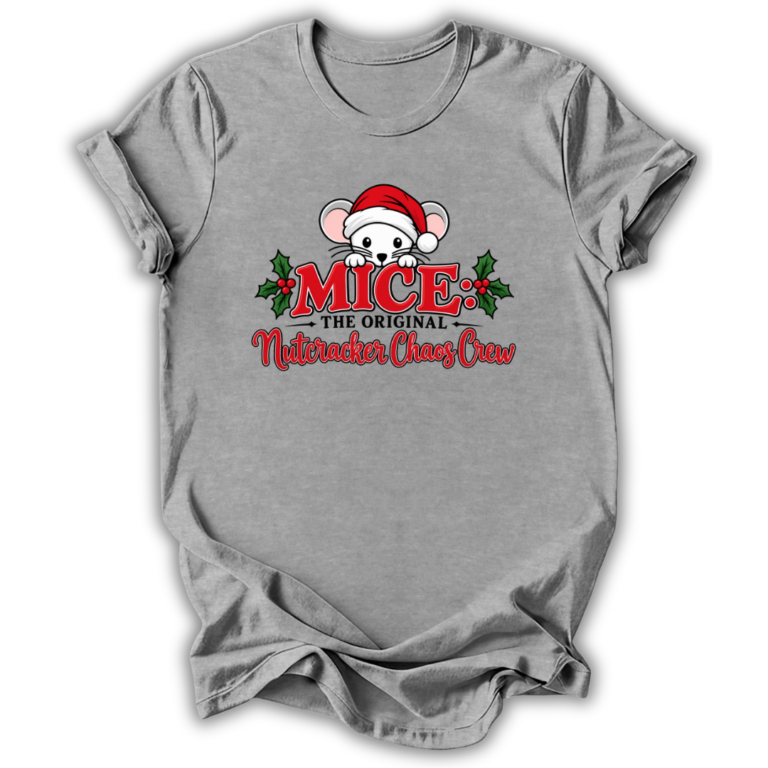A heather gray short-sleeve t-shirt with a graphic of a cartoon mouse wearing a Santa hat, surrounded by red text reading 'MICE THE ORIGINAL Nutcracker Crazy Craw' and green holly leaves, shown on a white background.