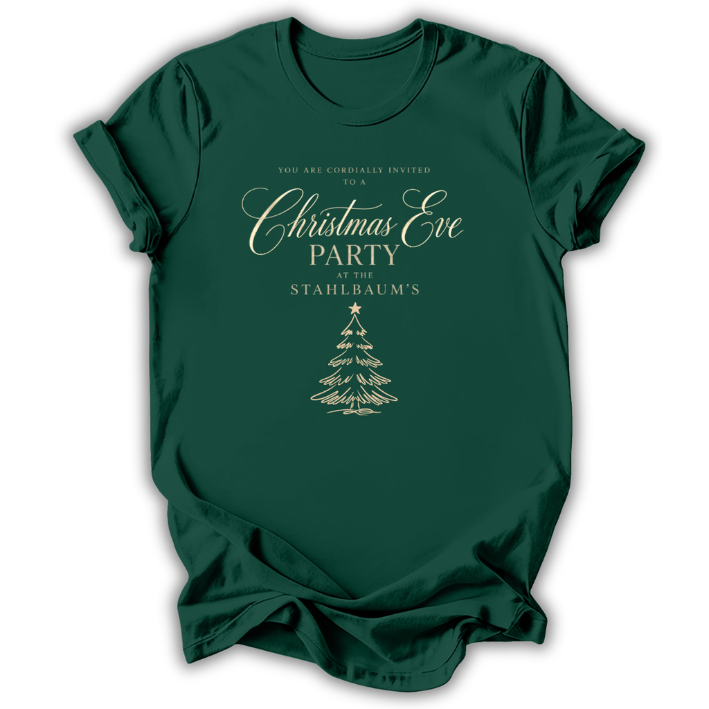 A dark green short-sleeve t-shirt with a gold printed Christmas Eve party invitation design featuring a tree illustration, displayed on a clean white background.