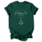 A dark green short-sleeve t-shirt with a gold printed Christmas Eve party invitation design featuring a tree illustration, displayed on a clean white background.