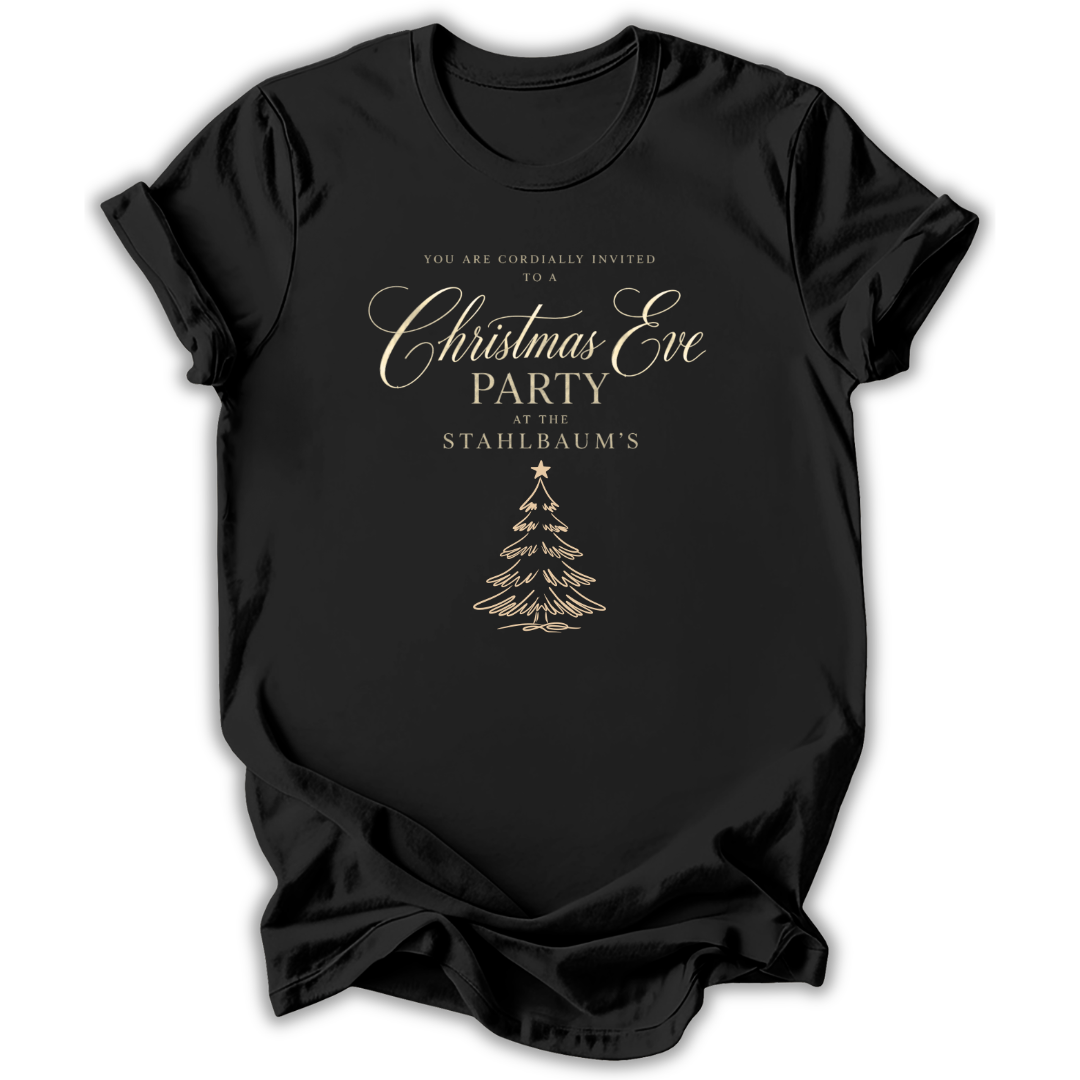 Black t-shirt with white text and crown graphic on a white background