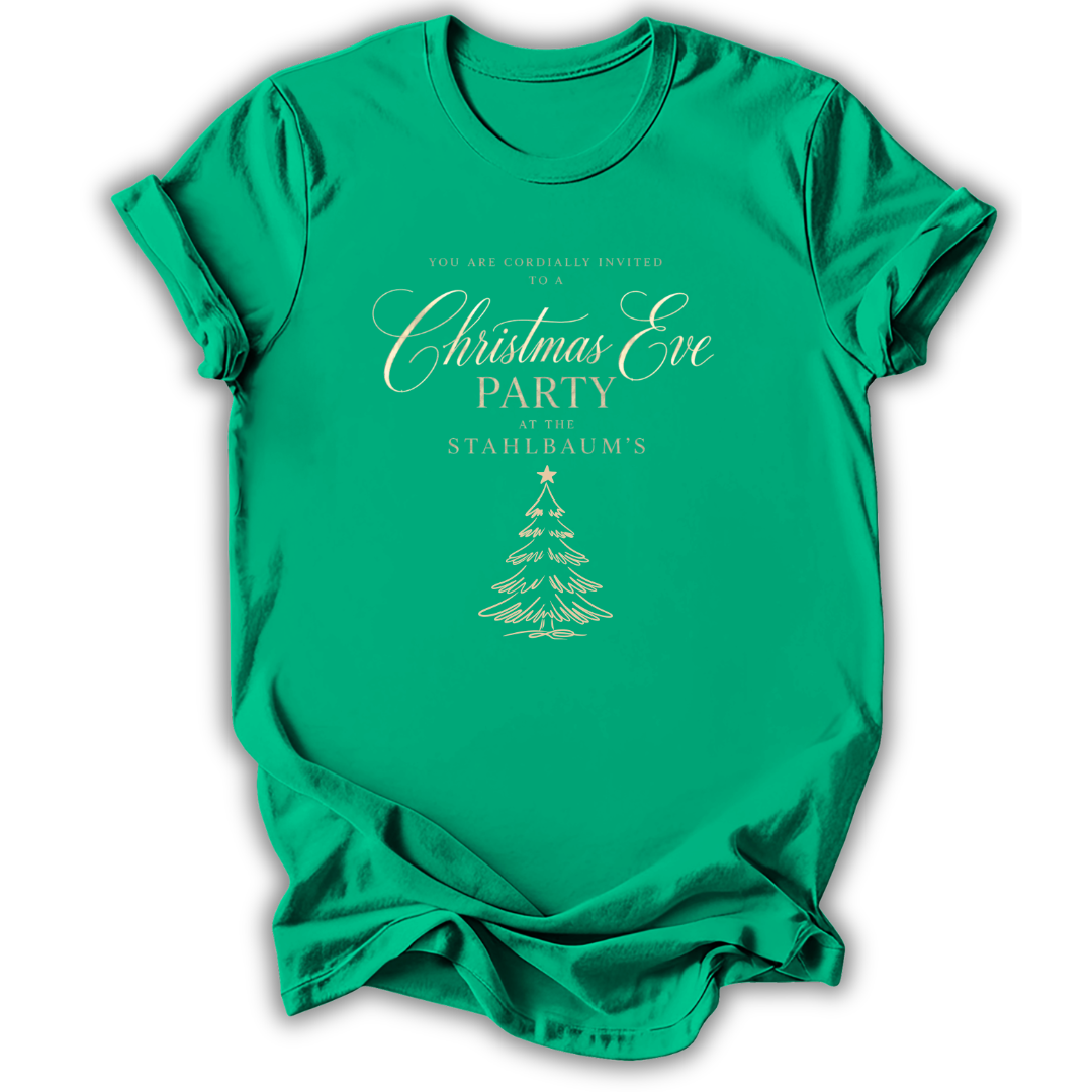 A bright green short-sleeve t-shirt with a gold printed Christmas Eve party invitation design on the front, displayed against a clean white background.