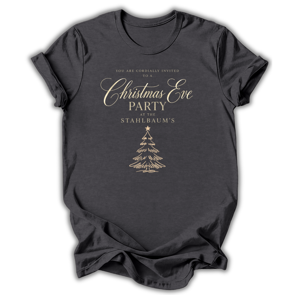 Dark gray short-sleeve t-shirt with a gold printed Christmas Eve party invitation design on the front, displayed against a clean white background.