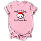 A light pink short-sleeve t-shirt with a graphic of a white nutcracker mouse wearing a red Santa hat, with the text 'Not a Creature Was Stirring.