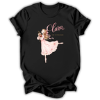 A black short-sleeve t-shirt with a graphic print of Clara the Nutcracker ballerina in a pink dress, with the text 'Clara' and 'THE Nutcracker' on a white background.