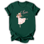 A dark green short-sleeve t-shirt with a graphic of Clara the Nutcracker ballerina in a pink dress, with the text 'Clara THE Nutcracker' printed on the front.