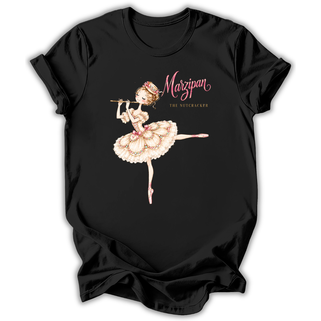A black short-sleeve t-shirt with a graphic of a ballerina playing a flute, next to the pink text 'Marzipan THE HUTCHERFX'.