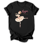 A black short-sleeve t-shirt with a graphic of a ballerina playing a flute, next to the pink text 'Marzipan THE HUTCHERFX'.