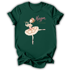 A dark green short-sleeve t-shirt with a graphic of a ballerina playing a flute, next to the text 'Marzipan THE HUTCHKER'.