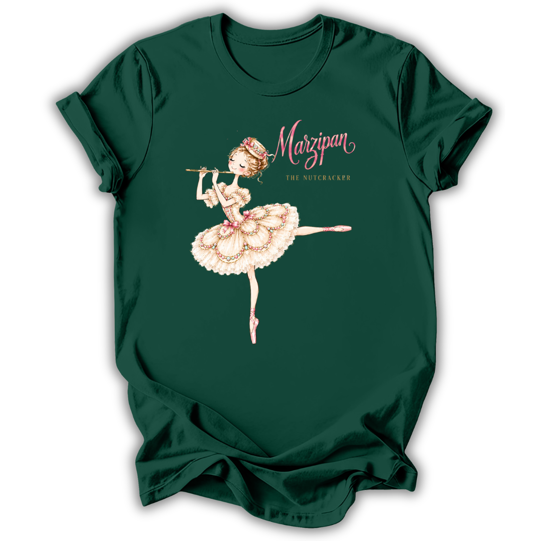A dark green short-sleeve t-shirt with a graphic of a ballerina playing a flute, next to the text 'Marzipan THE HUTCHKER'.