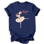 A navy blue short-sleeve t-shirt with a graphic of a ballerina playing a flute, next to the pink text 'Marzipan THE HUTCHGRAPH'.