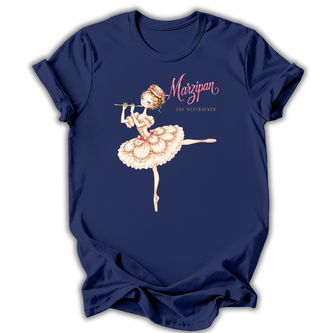 A navy blue short-sleeve t-shirt with a graphic of a ballerina playing a flute, next to the pink text 'Marzipan THE HUTCHGRAPH'.
