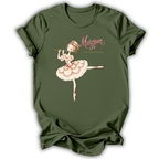 An olive green short-sleeve t-shirt with a graphic of a ballerina playing a flute, featuring the text 'Marzipan THE HUTCHERFAE' in pink and gold lettering.