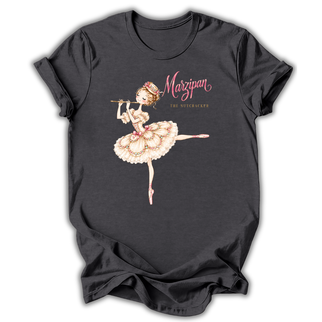 A dark charcoal gray t-shirt featuring a graphic print of a ballerina playing a flute, with the text 'Marzipan THE HUTCHGAFY' in pink and gold lettering.