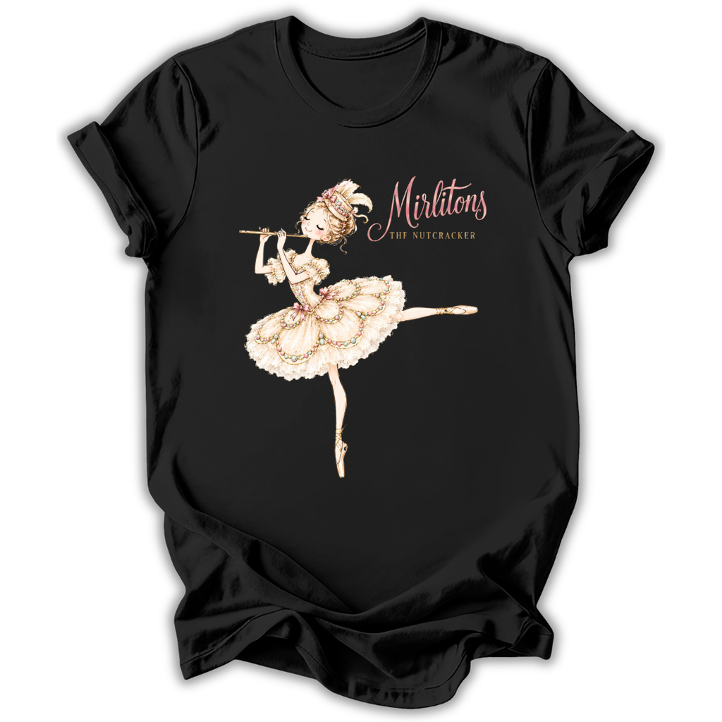 A black short-sleeve t-shirt with a graphic of a ballet dancer playing a flute, accompanied by the text 'Mirlitons STOP HUTCHACKER' in pink and gold lettering.