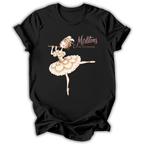 A black short-sleeve t-shirt with a graphic of a ballet dancer playing a flute, accompanied by the text 'Mirlitons STOP HUTCHACKER' in pink and gold lettering.