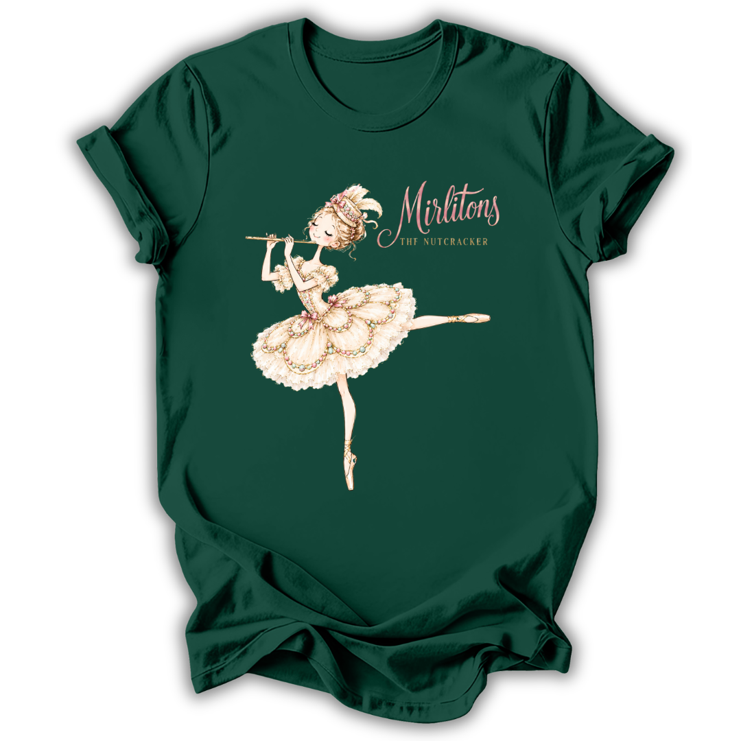 A dark green short-sleeve t-shirt with a graphic of a ballerina playing a flute, accompanied by the text 'Mirlitons STOP HUTCHACKER' in a vintage font.