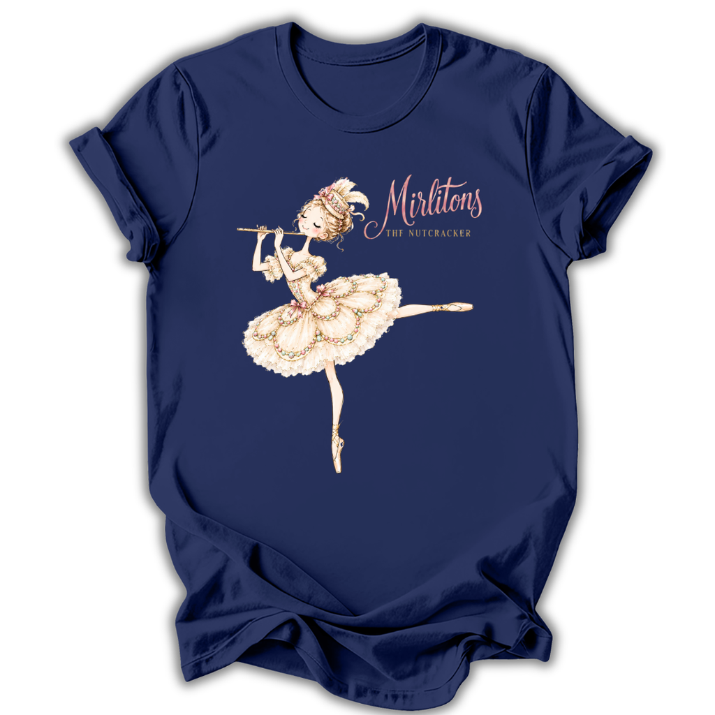 A navy blue short-sleeve t-shirt with a graphic of a ballerina playing a flute and the text 'Mirlitons STOP SUITCACKERS' printed on the front, displayed against a white background.