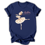 A navy blue short-sleeve t-shirt with a graphic of a ballerina playing a flute and the text 'Mirlitons STOP SUITCACKERS' printed on the front, displayed against a white background.