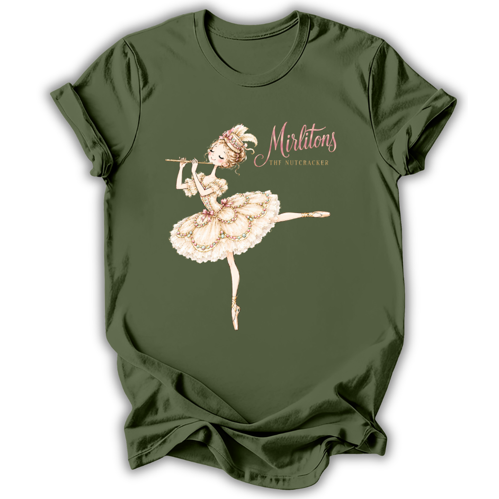 An olive green short-sleeve t-shirt with a graphic of a ballerina playing a flute, accompanied by the text 'Mirlitons' and 'TOP NOTCHACKED'.