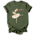 An olive green short-sleeve t-shirt with a graphic of a ballerina playing a flute, accompanied by the text 'Mirlitons' and 'TOP NOTCHACKED'.