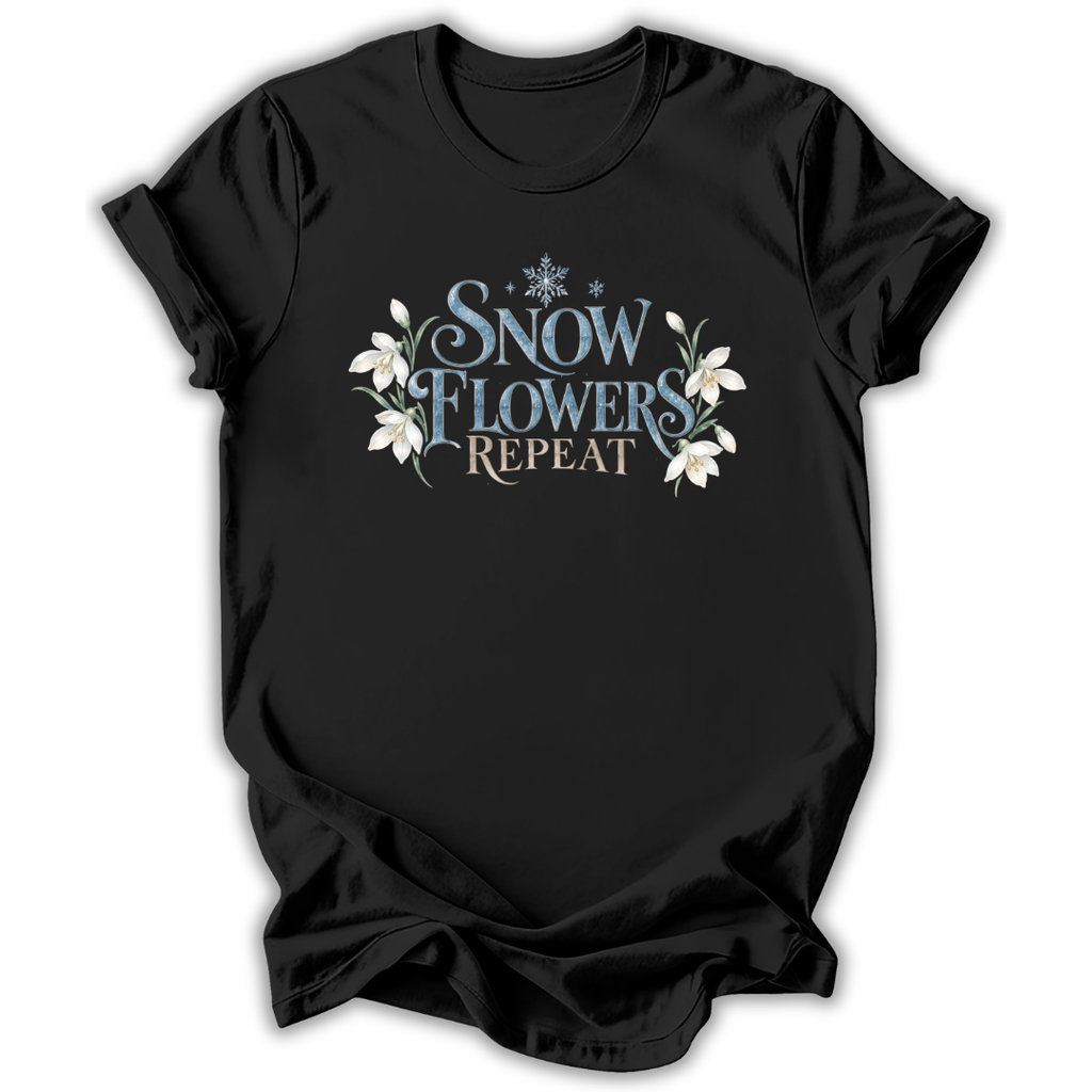 Black short-sleeve t-shirt with a graphic on the chest that reads 'SNOW FLOWERS REPEAT' in blue and gold lettering, decorated with white snowflakes and flowers, shown on a white background.