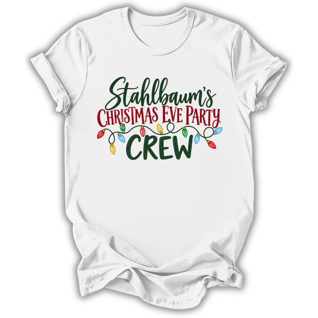 A white short-sleeve crewneck t-shirt with a graphic print reading 'Stahlbaum's Christmas Eve Party CREW' in green and red lettering, decorated with a string of multicolored Christmas lights.