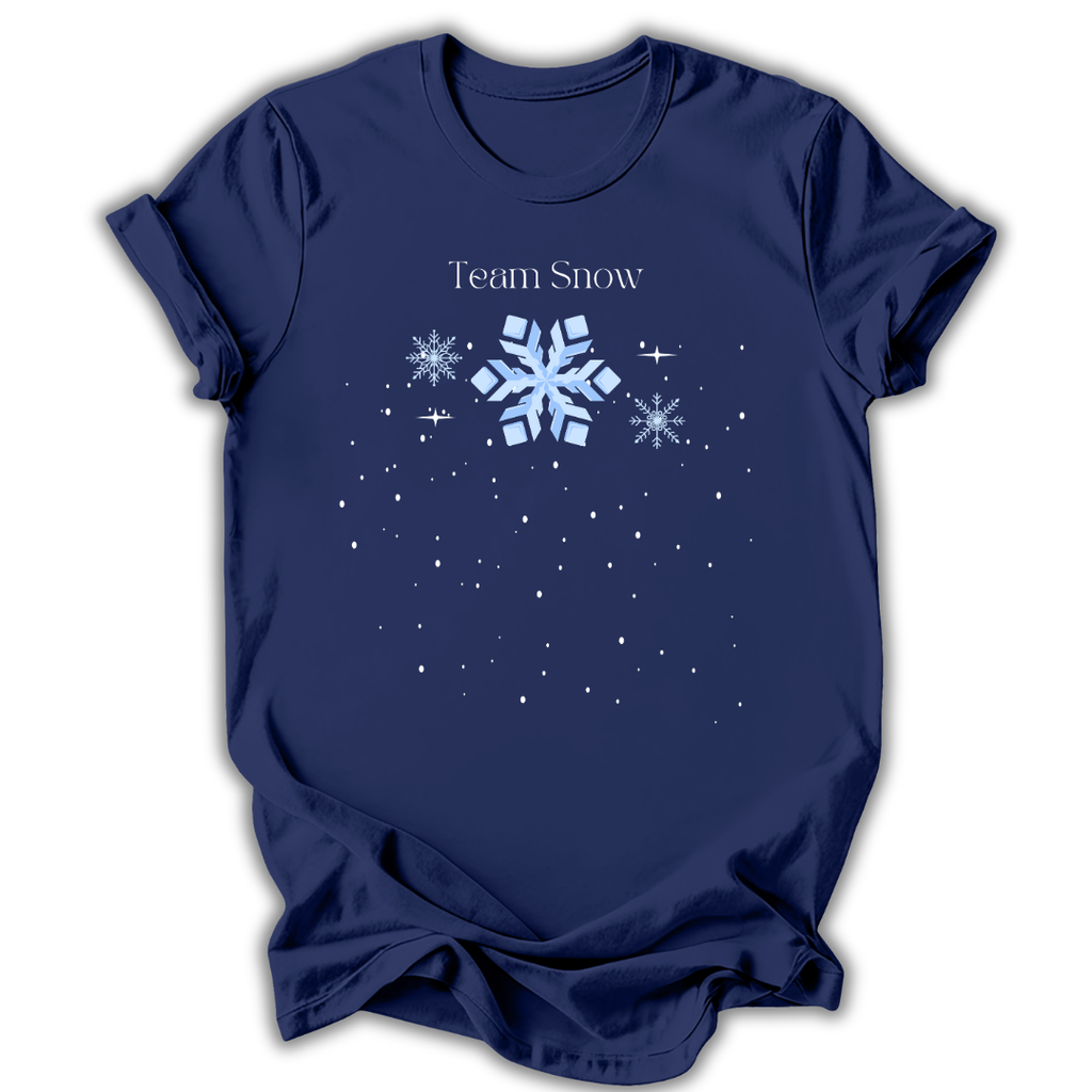 A navy blue short-sleeve t-shirt with a graphic on the chest featuring the text 'Team Snow' above three light blue snowflakes and scattered white stars, shown on a plain white background.