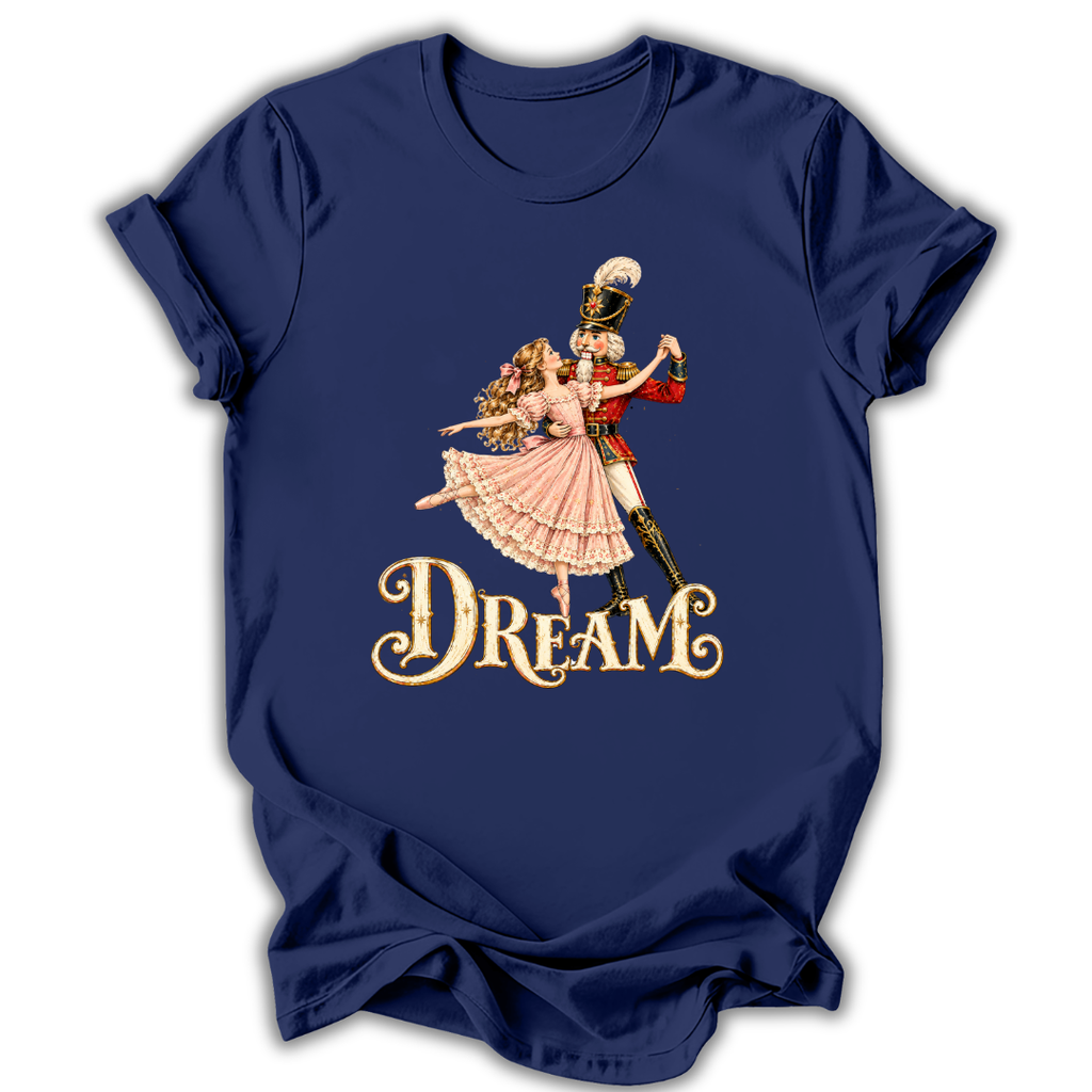 A navy blue short-sleeve t-shirt with a vintage-style graphic of a dancing couple and the word 'DREAM' in ornate gold lettering on the front.