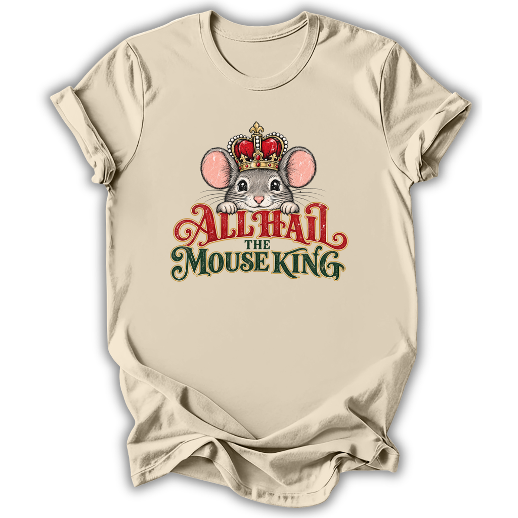 A beige short-sleeve t-shirt with a graphic print of a cartoon mouse wearing a red and gold crown above the text 'ALL HAIL THE MOUSE KING' in red and green lettering, displayed on a clean white background.