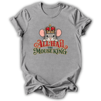 A heather gray short-sleeve t-shirt with a graphic of a cartoon mouse wearing a red and gold crown above the text 'ALL HAIL THE MOUSE KING' in red and green lettering, shown on a white background.