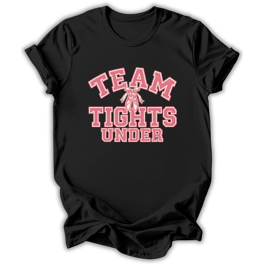 A black short-sleeve crewneck t-shirt with a pink graphic on the front reading 'TEAM TIGHTS UNDER' in a varsity-style font, with a pink ribbon motif in the center, shown on a plain white background.