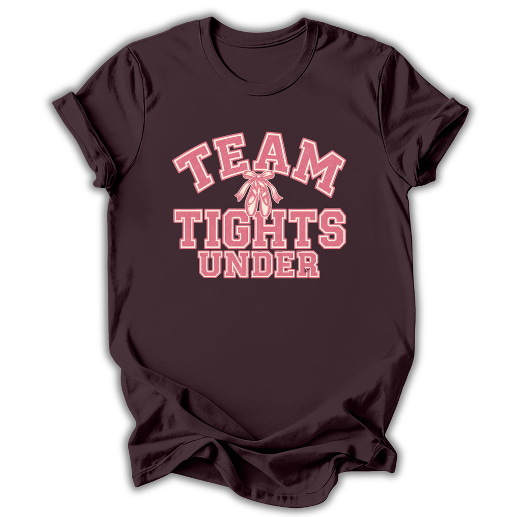 A dark maroon short-sleeve t-shirt with a pink graphic on the front that reads 'TEAM TIGHTS UNDER' surrounding a pink ribbon, displayed on a clean white background.